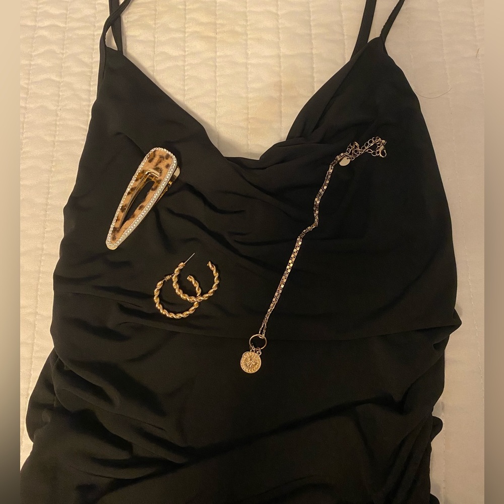 Women's Black Satin Cowl Neck Scrunch Dress SIZE S